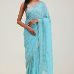 Bright Blue Silk Jaali Crafted Saree