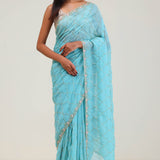 Bright Blue Silk Jaali Crafted Saree
