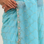 Bright Blue Silk Jaali Crafted Saree