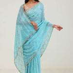Bright Blue Silk Jaali Crafted Saree