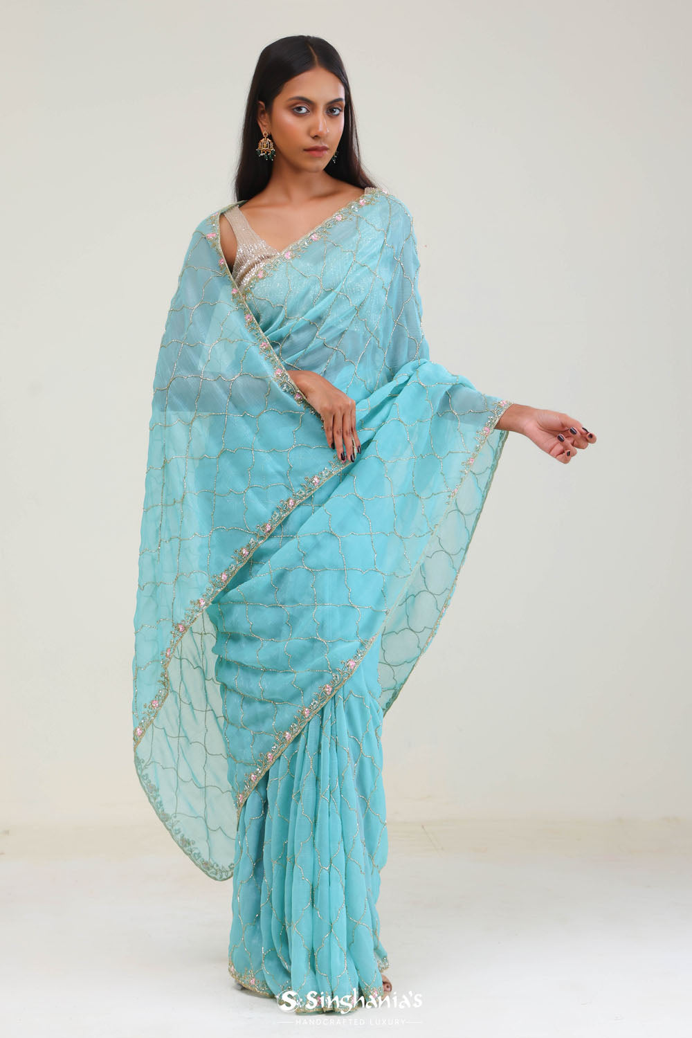Bright Blue Silk Jaali Crafted Saree