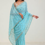 Bright Blue Silk Jaali Crafted Saree