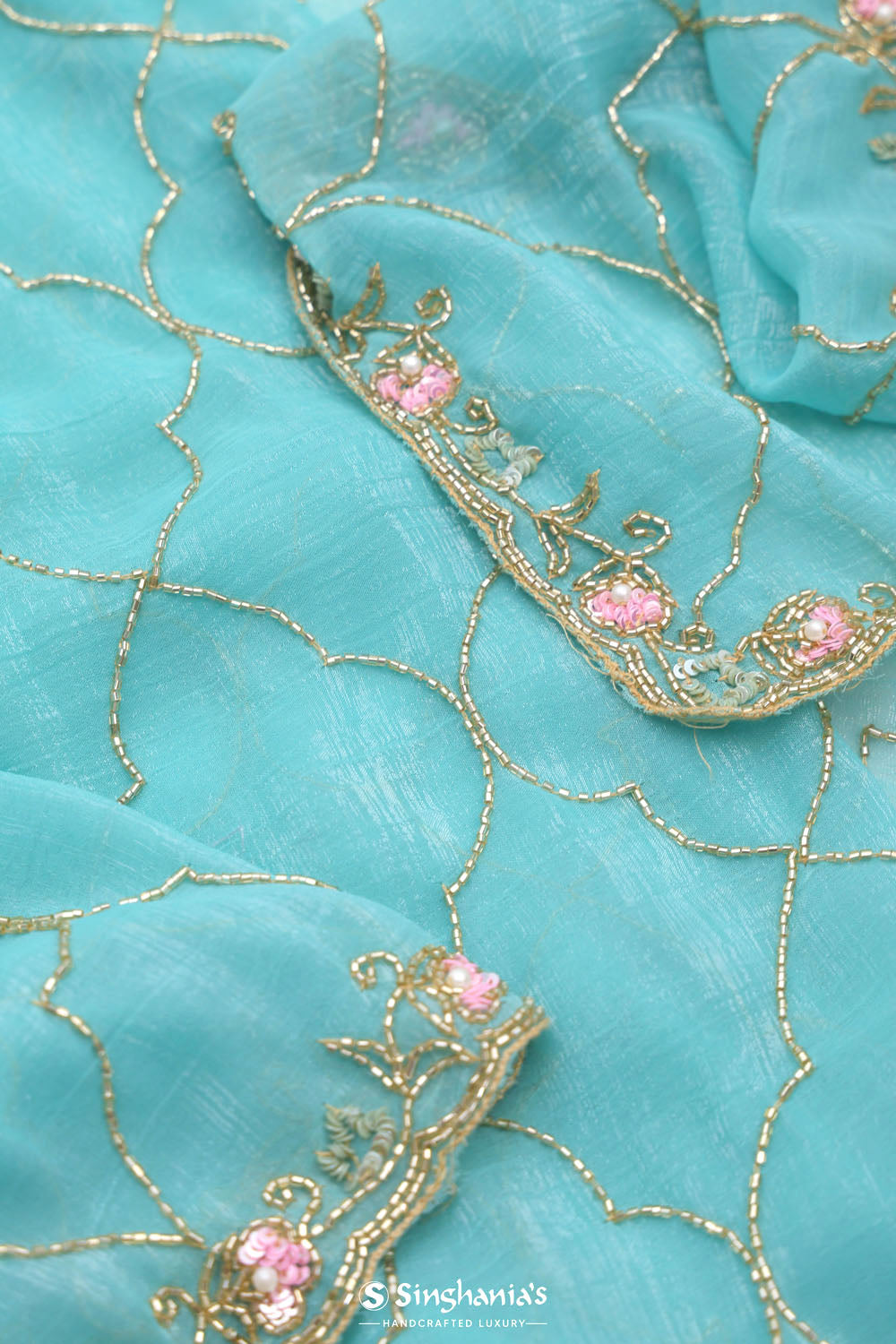 Bright Blue Silk Jaali Crafted Saree