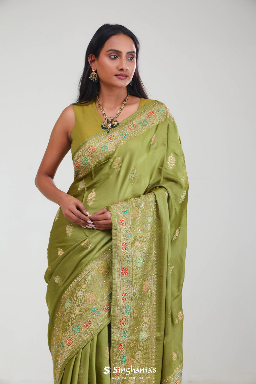 Mehendi Green Silk Crafted Saree
