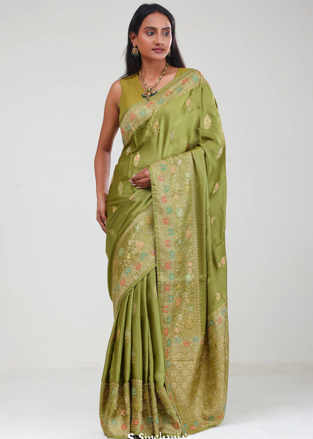 Mehendi Green Silk Crafted Saree