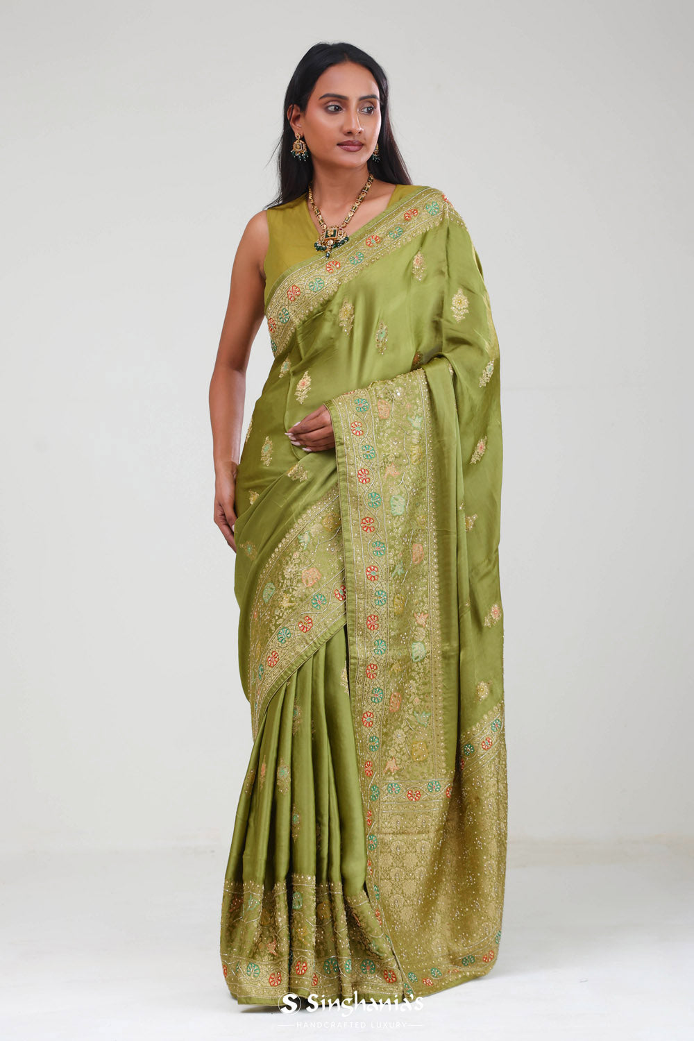 Mehendi Green Silk Crafted Saree