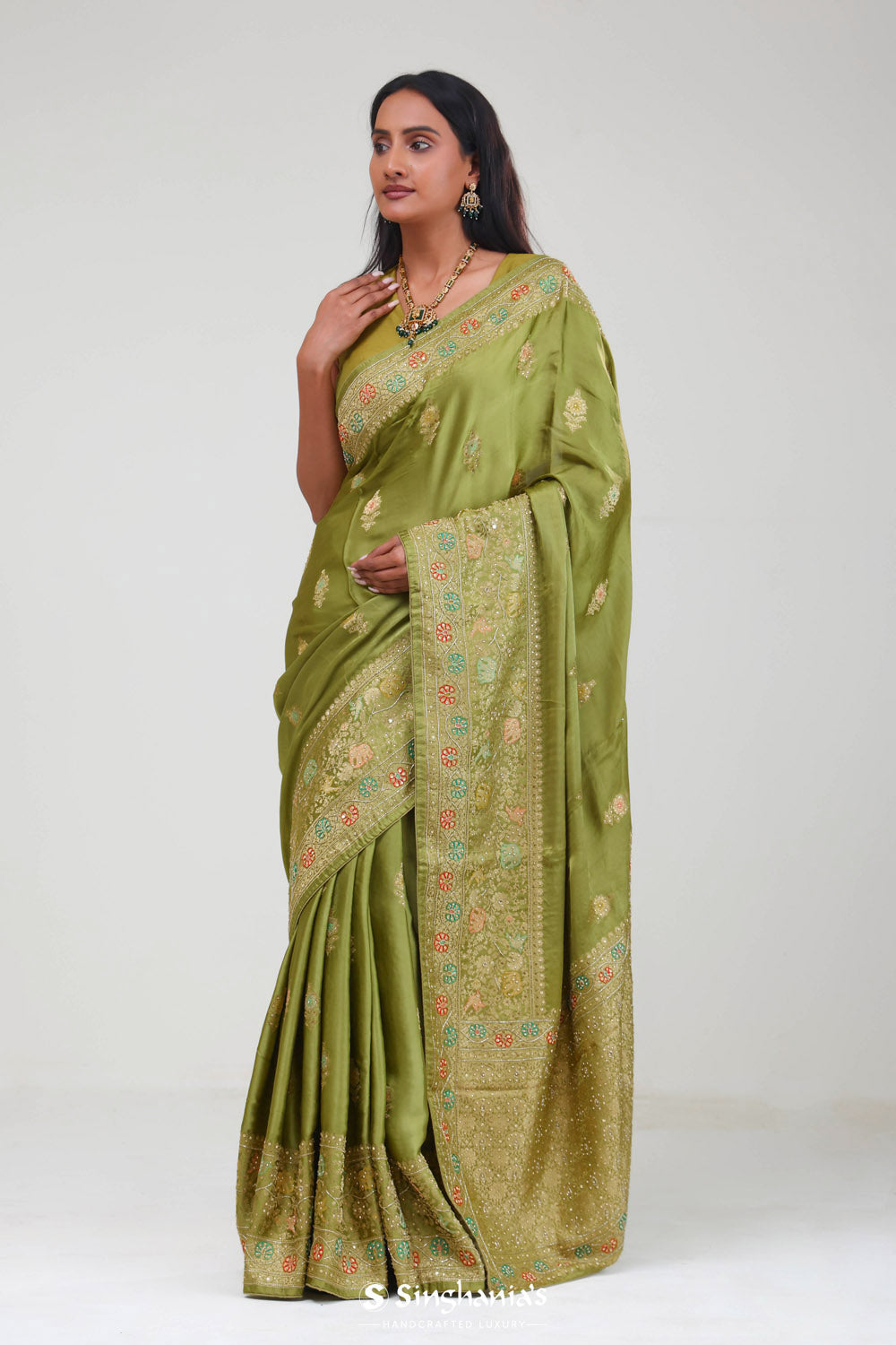 Mehendi Green Silk Crafted Saree