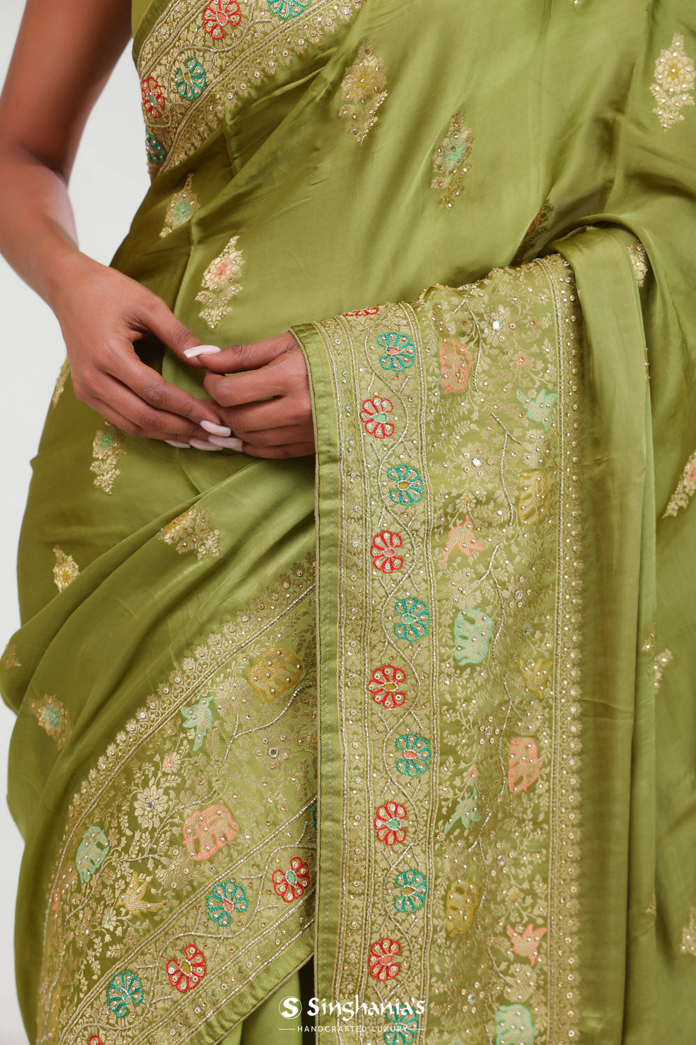 Mehendi Green Silk Crafted Saree