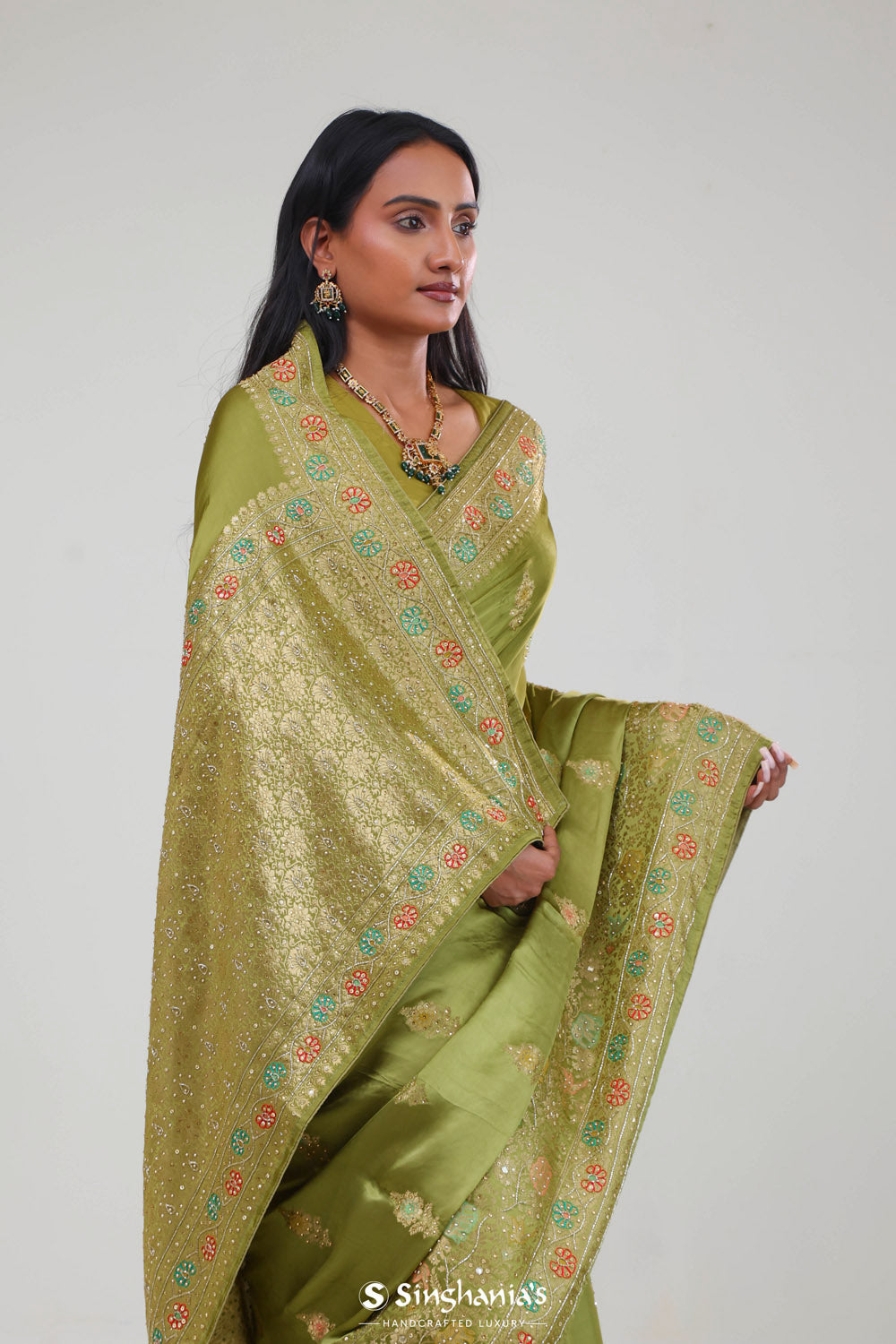 Mehendi Green Silk Crafted Saree