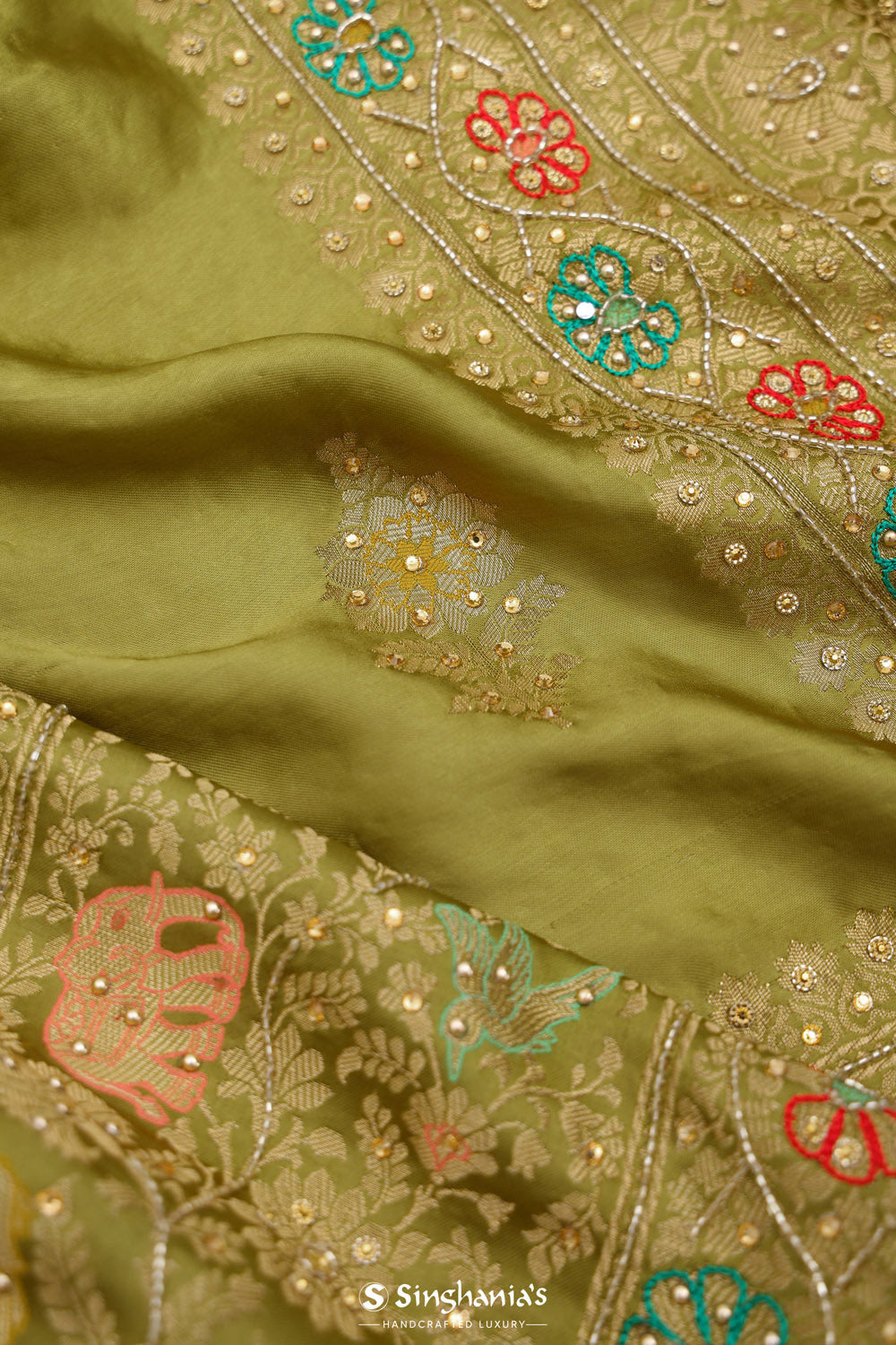 Mehendi Green Silk Crafted Saree