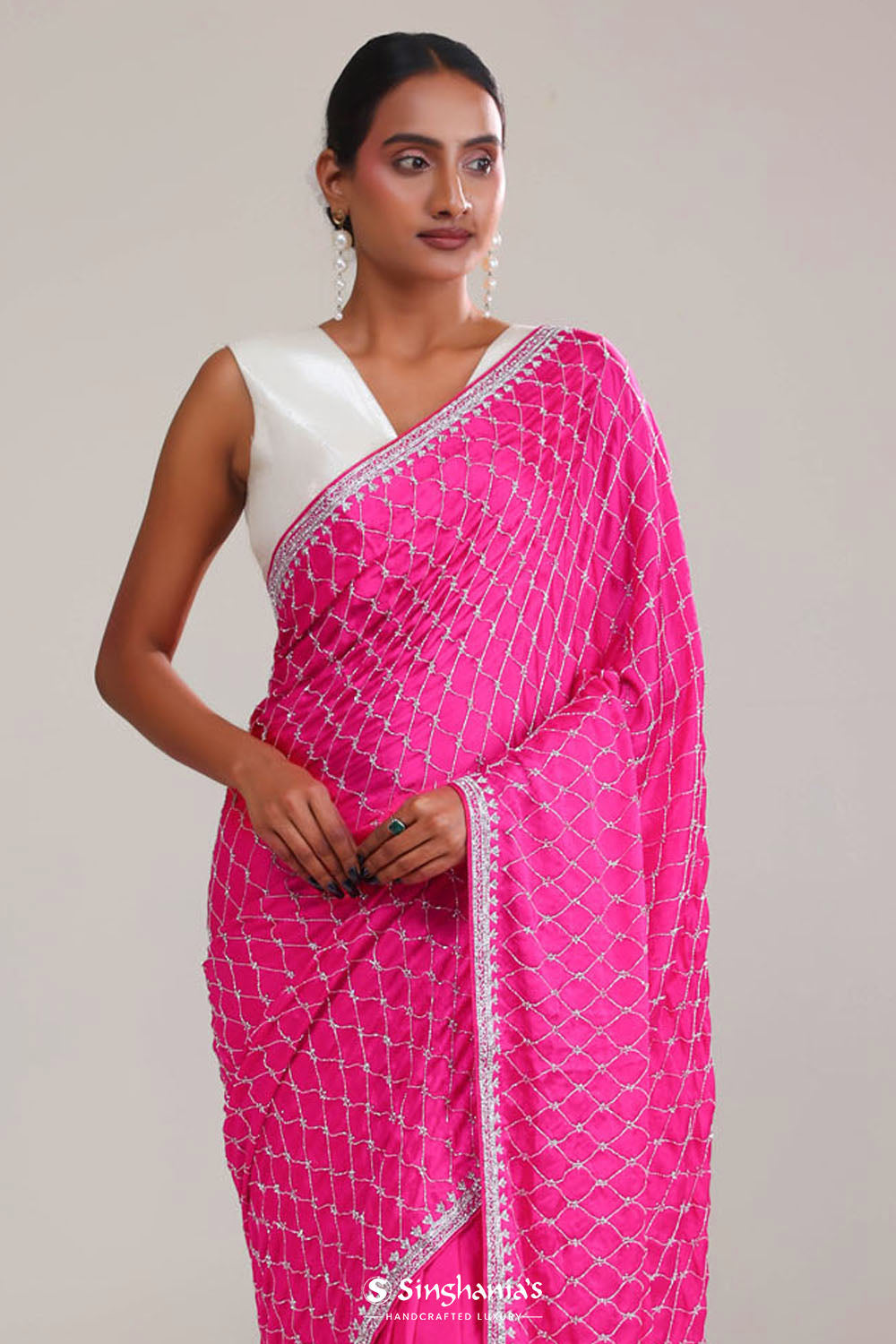 Cerise Pink Silk Crafted Saree