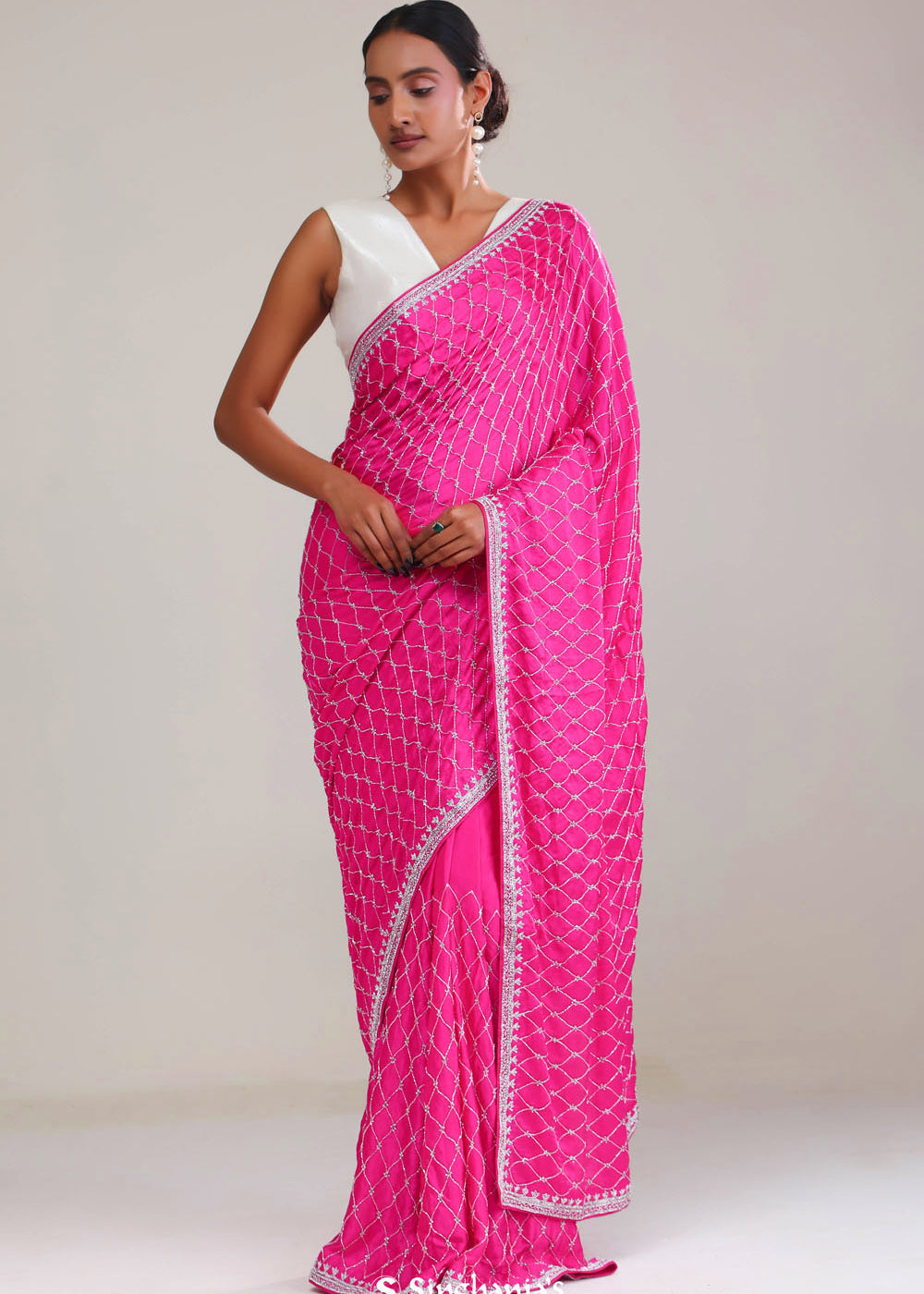 Cerise Pink Silk Crafted Saree