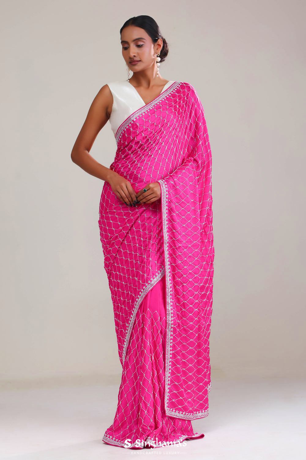Cerise Pink Silk Crafted Saree