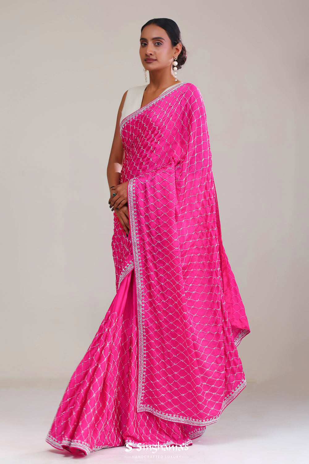 Cerise Pink Silk Crafted Saree