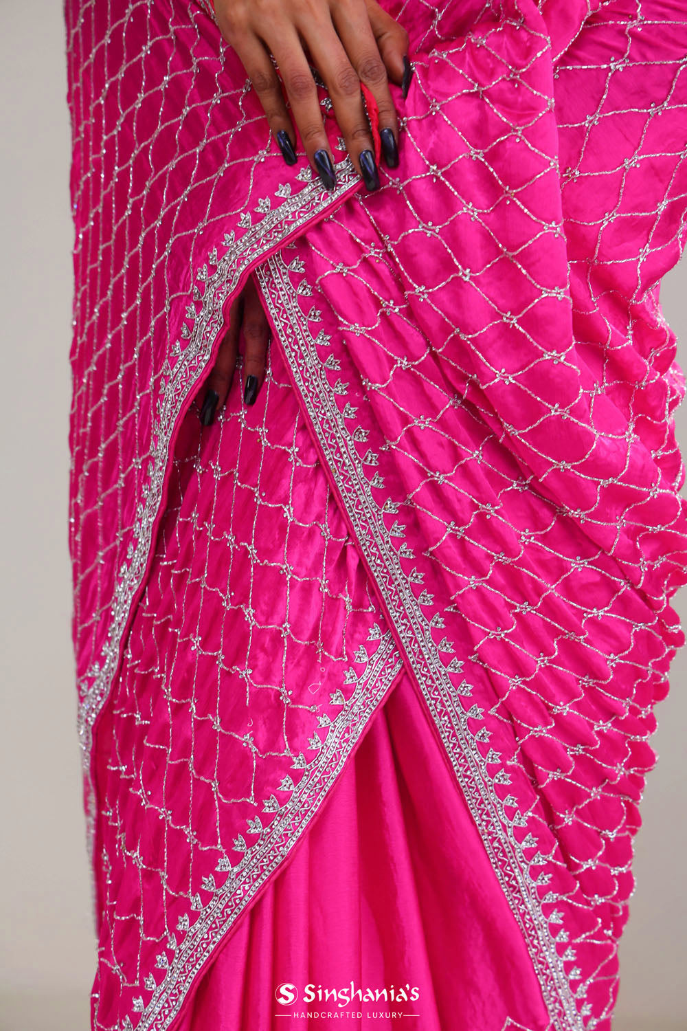 Cerise Pink Silk Crafted Saree