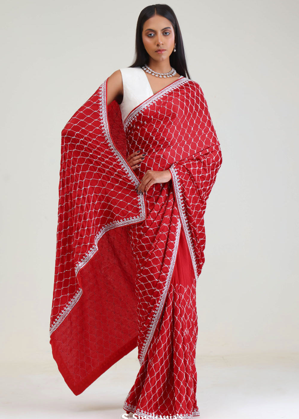 Arsenal Red Silk Crafted Saree