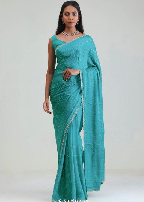 <img>  Bondi Blue Silk Crafted Saree