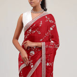 Deep Red Silk Crafted Saree