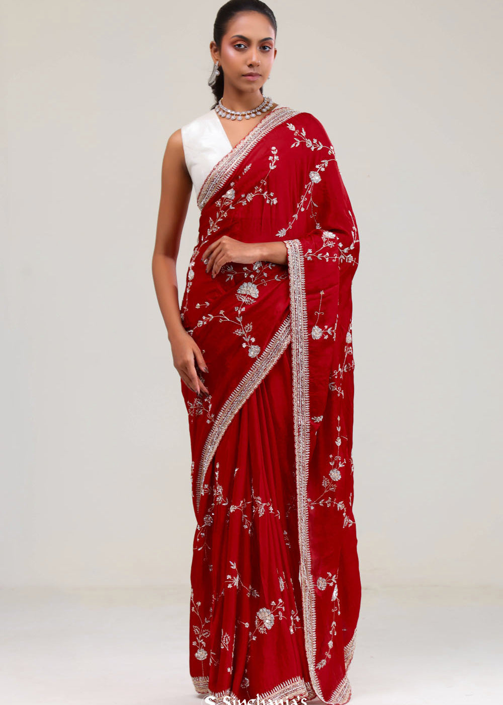 Deep Red Silk Crafted Saree
