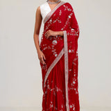 Deep Red Silk Crafted Saree