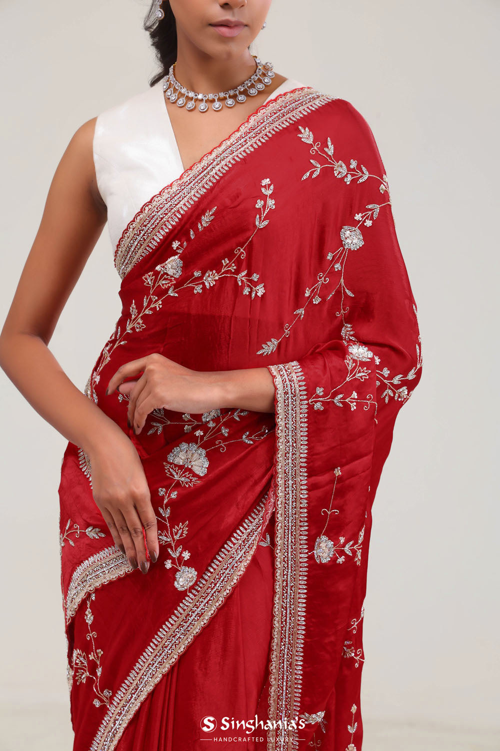 Deep Red Silk Crafted Saree