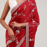 Deep Red Silk Crafted Saree