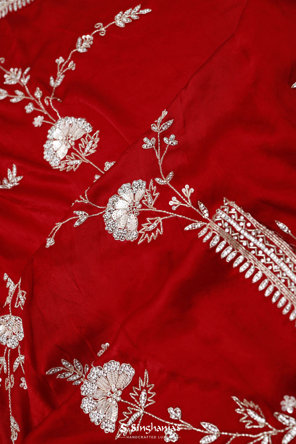 Deep Red Silk Crafted Saree