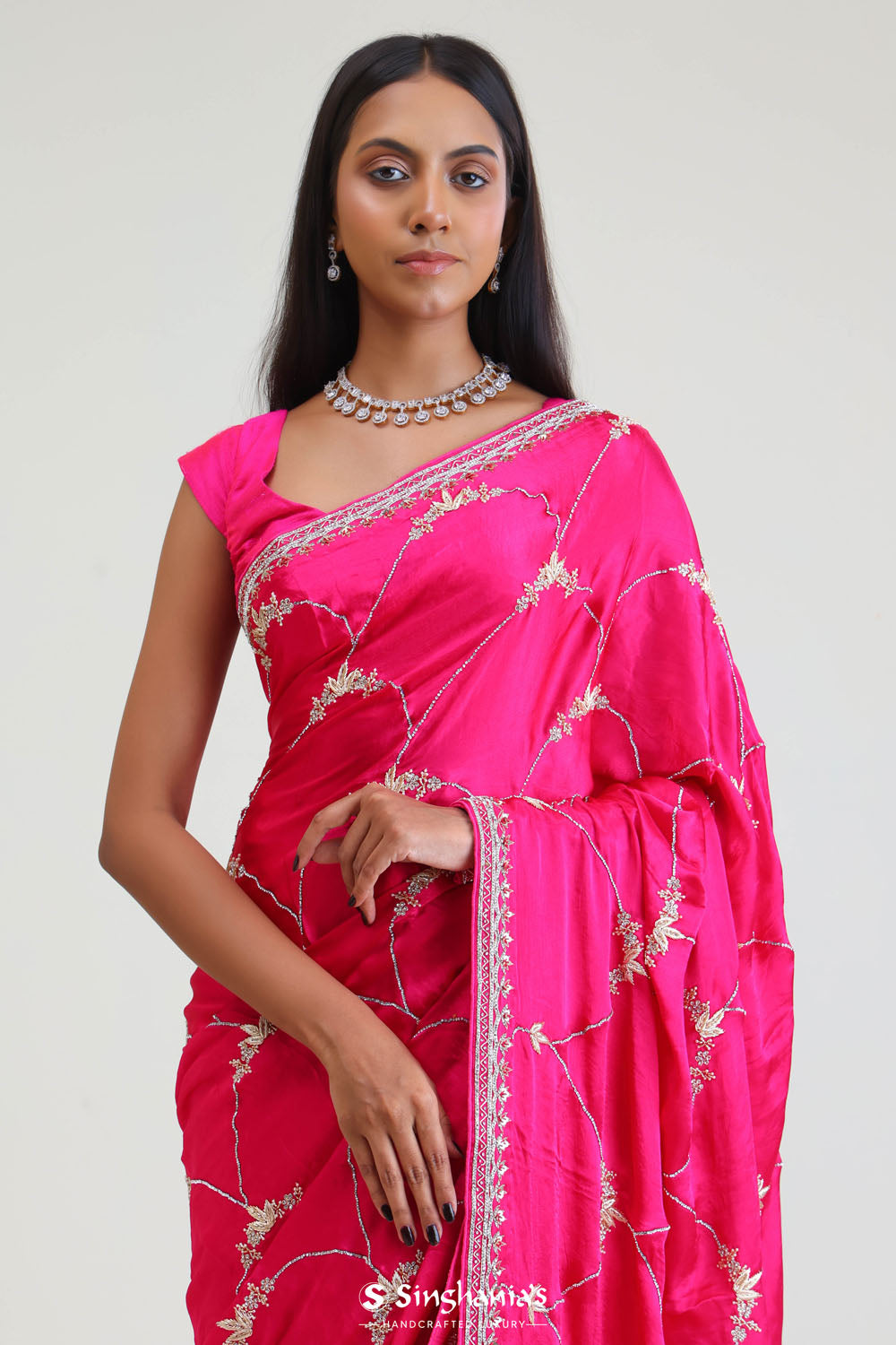 Bright Pink Silk Arch Crafted Saree