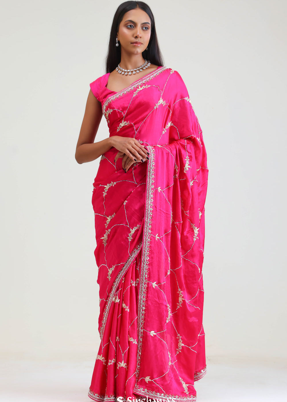 Bright Pink Silk Arch Crafted Saree