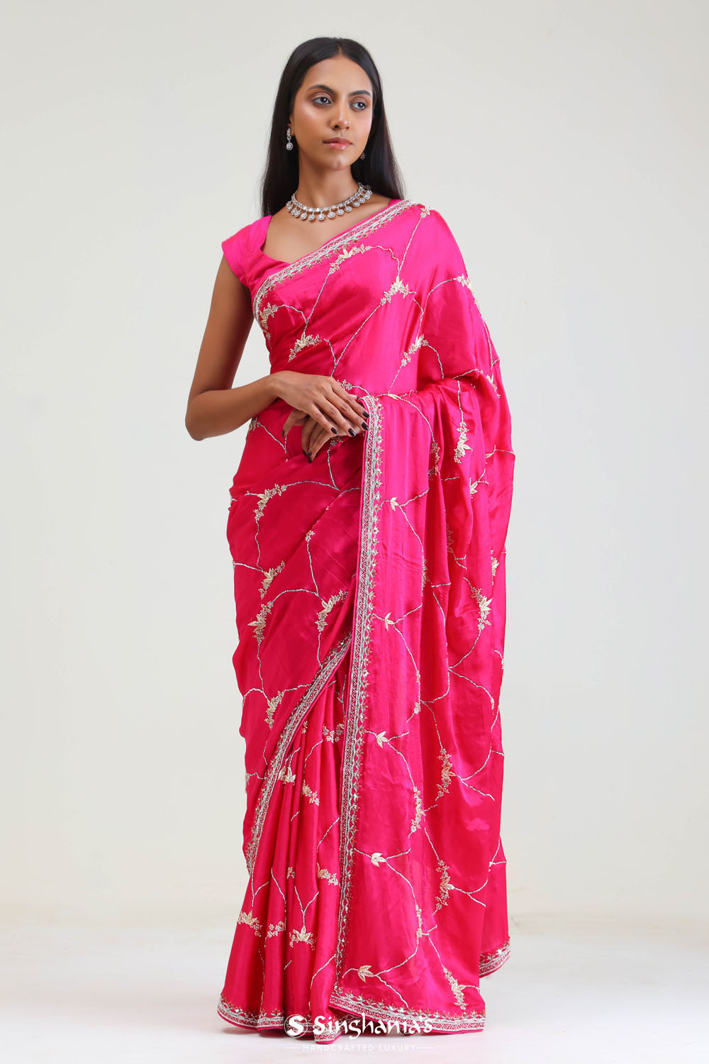 Bright Pink Silk Arch Crafted Saree