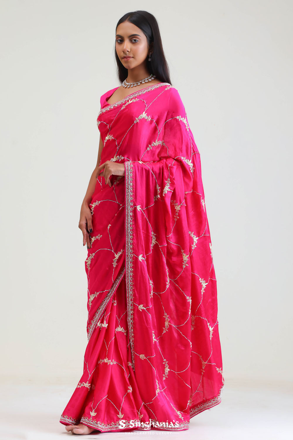 Bright Pink Silk Arch Crafted Saree