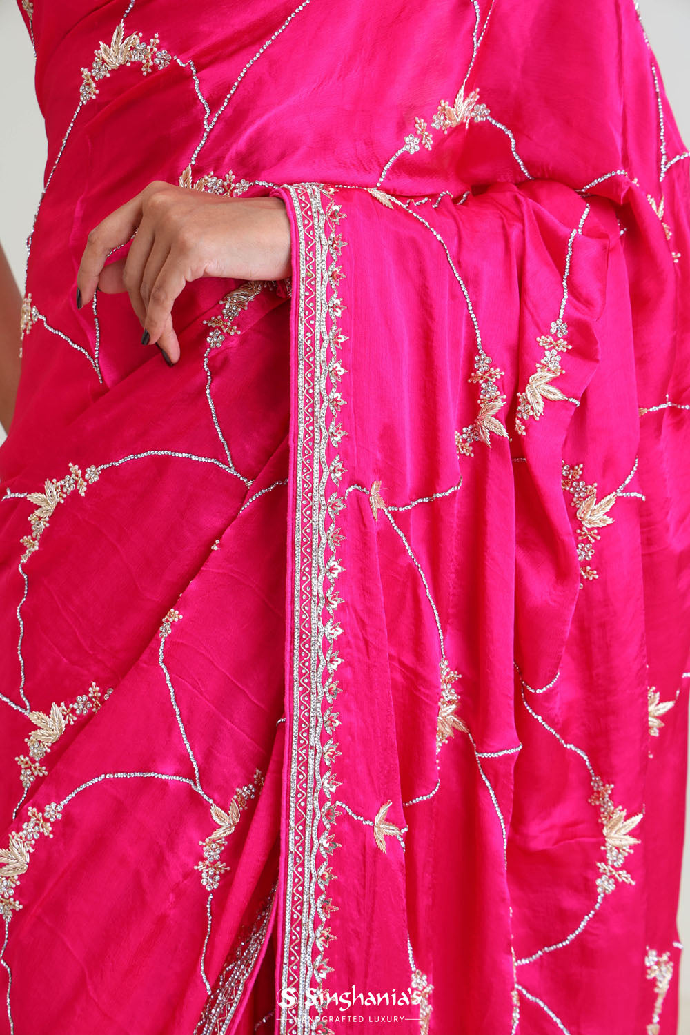 Bright Pink Silk Arch Crafted Saree