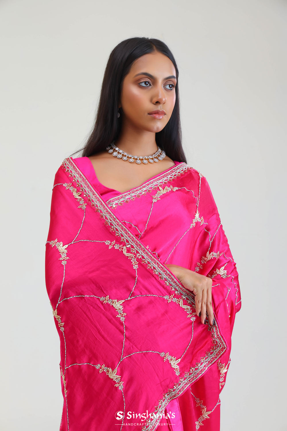 Bright Pink Silk Arch Crafted Saree