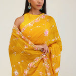 Amber Yellow Crafted Jaali Organza Saree