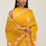 Amber Yellow Crafted Jaali Organza Saree