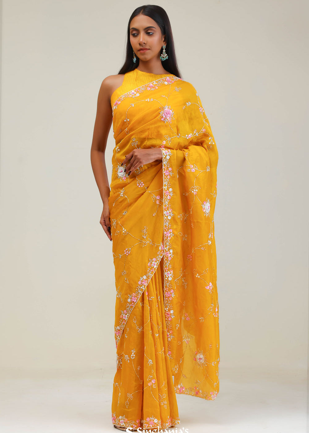 Amber Yellow Crafted Jaali Organza Saree