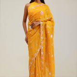 Amber Yellow Crafted Jaali Organza Saree