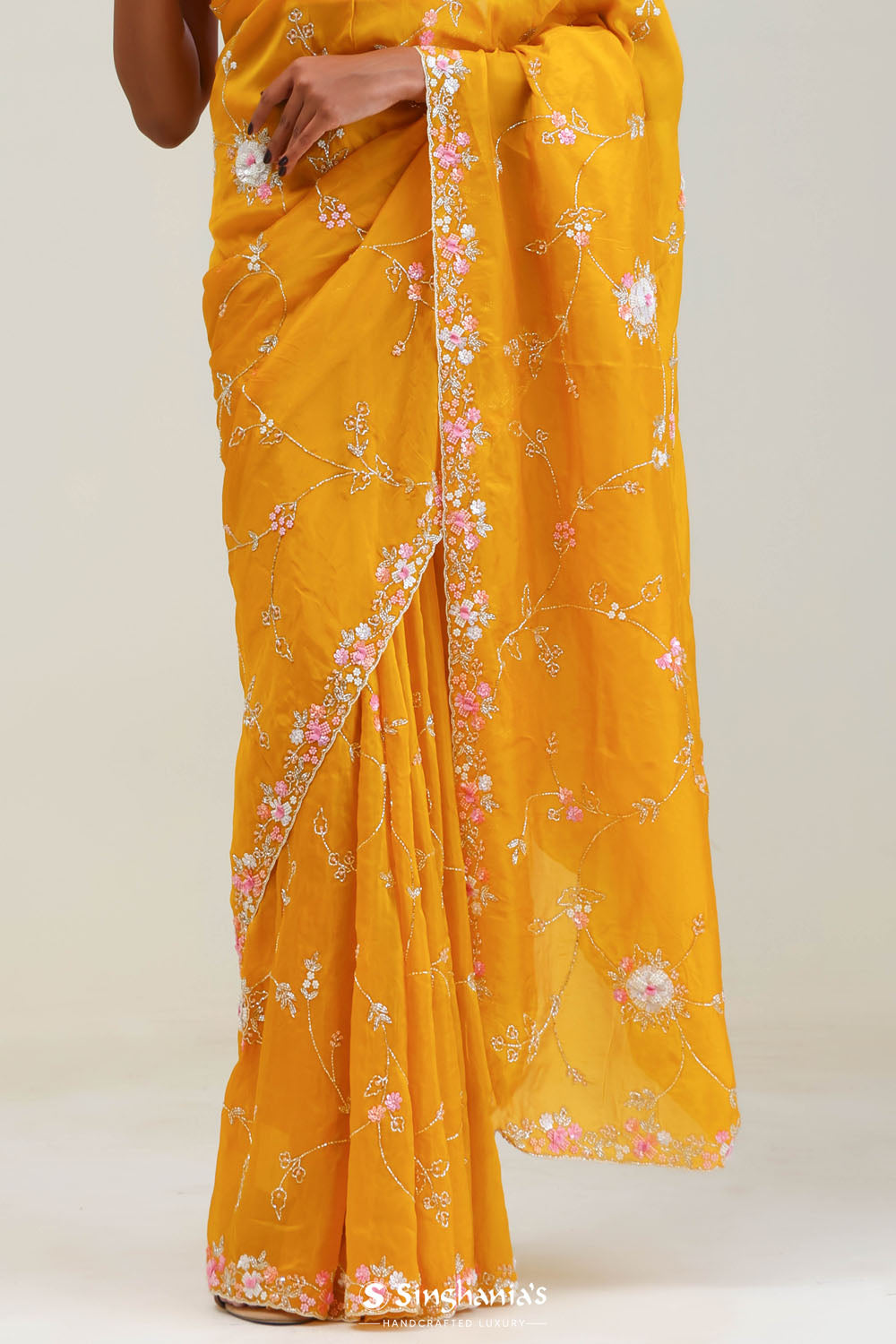 Amber Yellow Crafted Jaali Organza Saree
