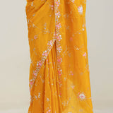 Amber Yellow Crafted Jaali Organza Saree