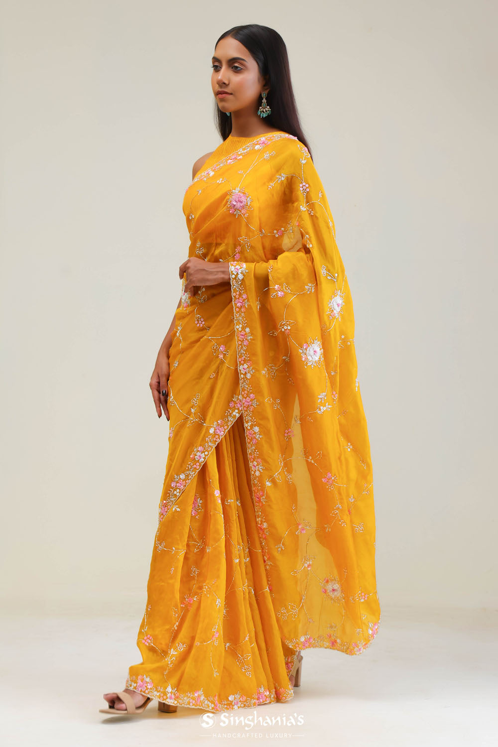 Amber Yellow Crafted Jaali Organza Saree