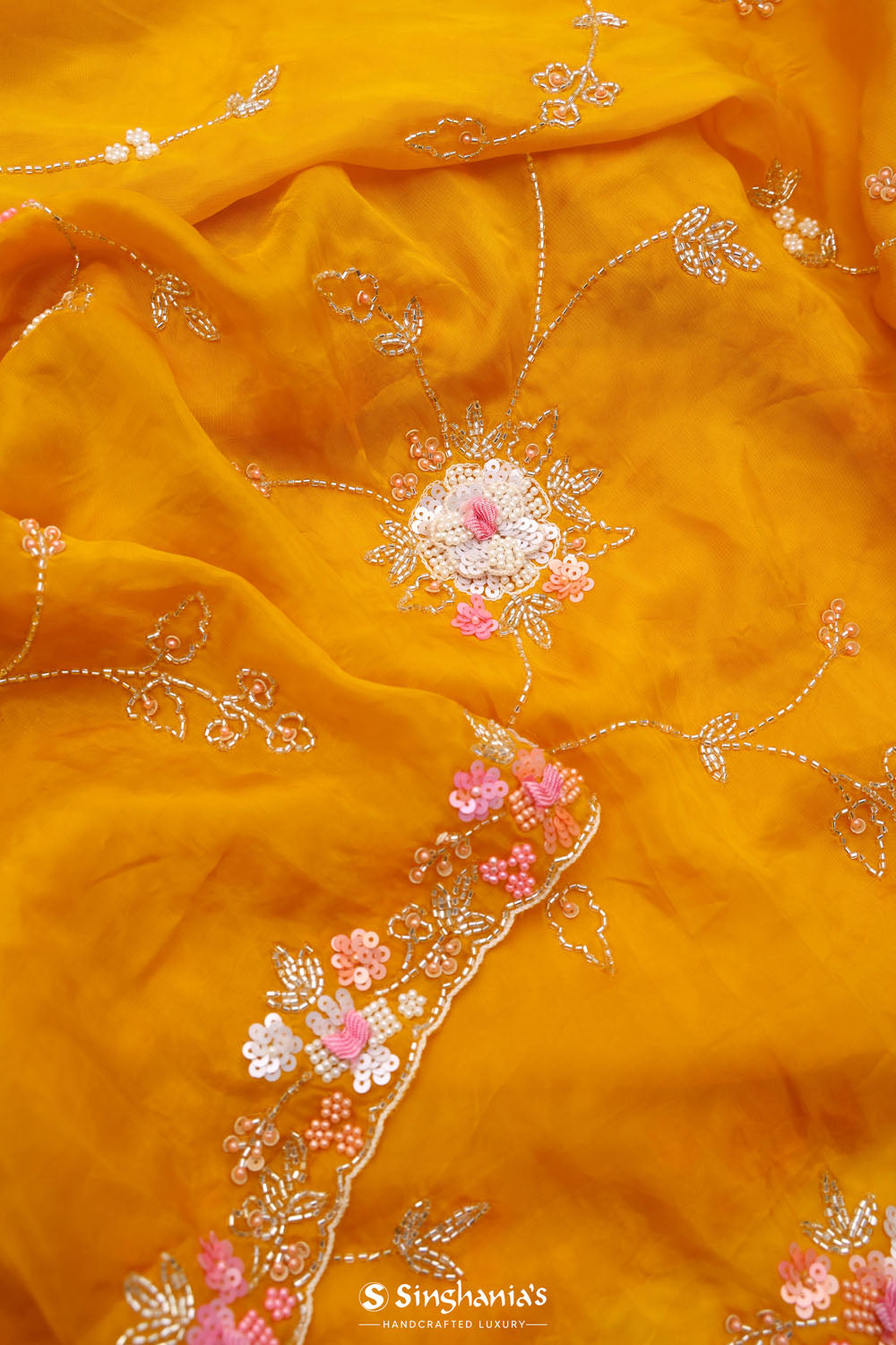 Amber Yellow Crafted Jaali Organza Saree