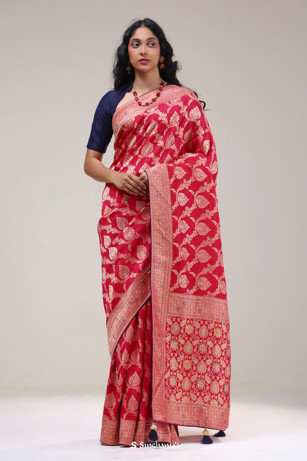 Cardinals Red Silk Handcrafted Saree