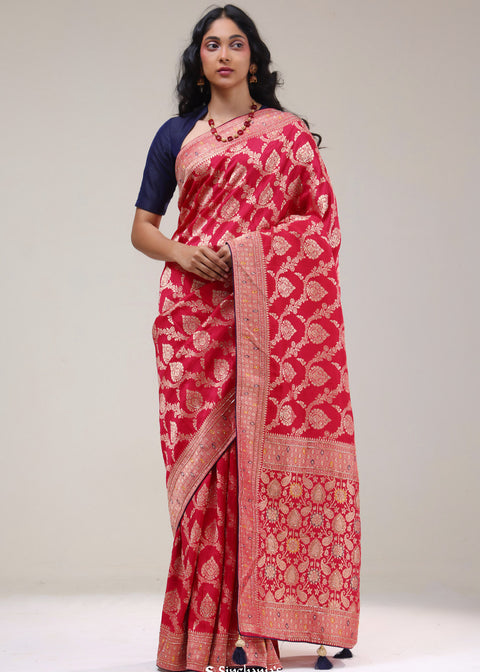 <img> Cardinals Red Silk Handcrafted Saree