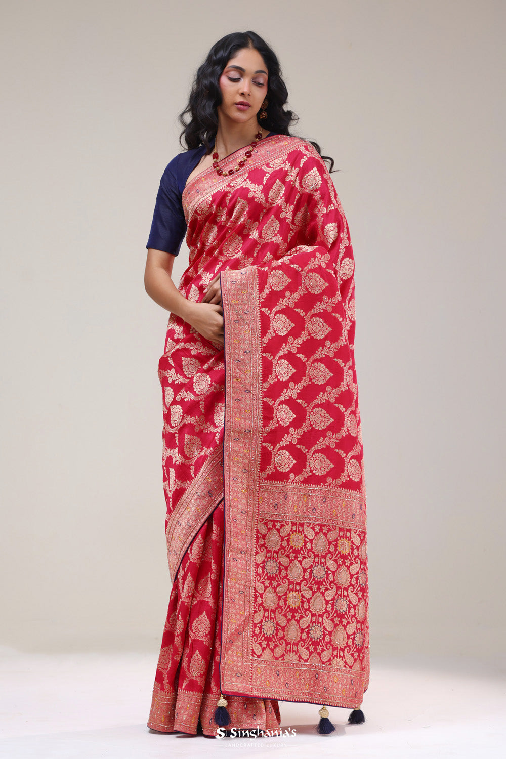 Cardinals Red Silk Handcrafted Saree