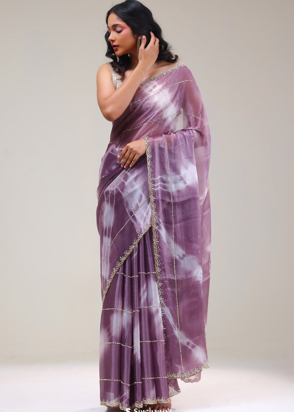 Chinese Violet Silk Handcrafted Saree With Shibori Pattern