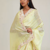 Lemon Yellow Crafted Tissue Saree