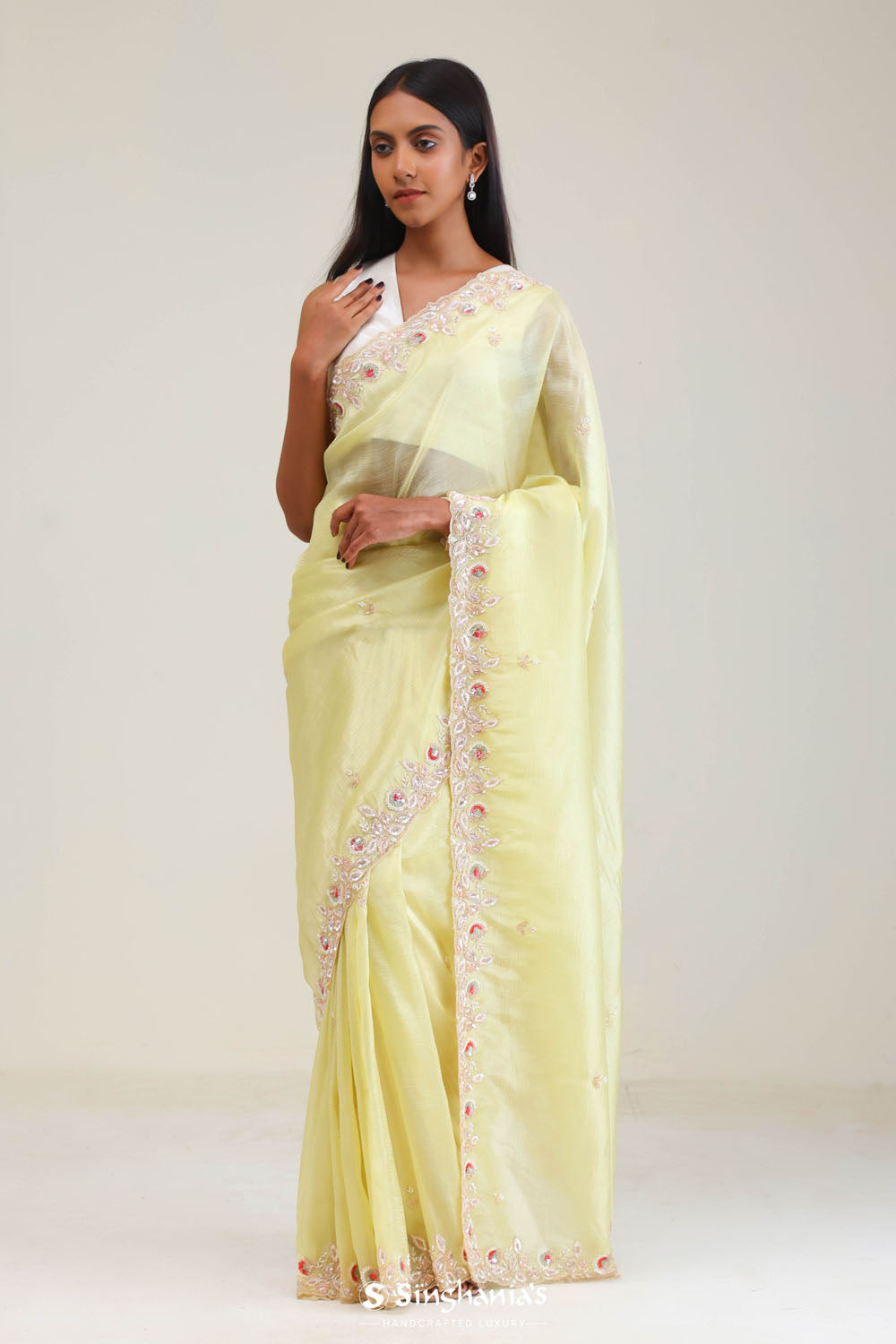 Lemon Yellow Crafted Tissue Saree