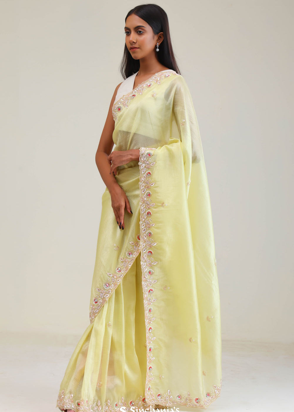 Lemon Yellow Crafted Tissue Saree