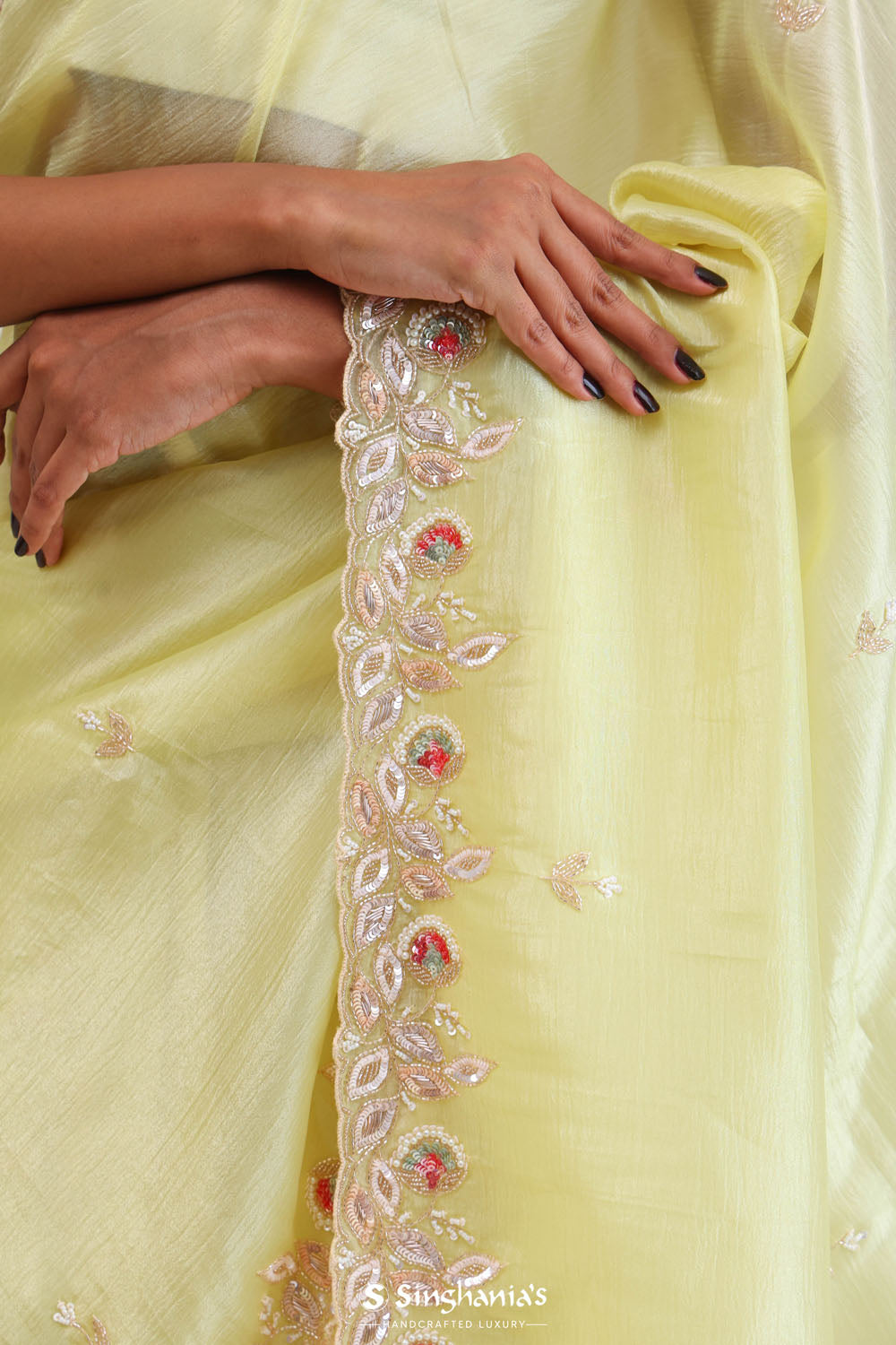 Lemon Yellow Crafted Tissue Saree