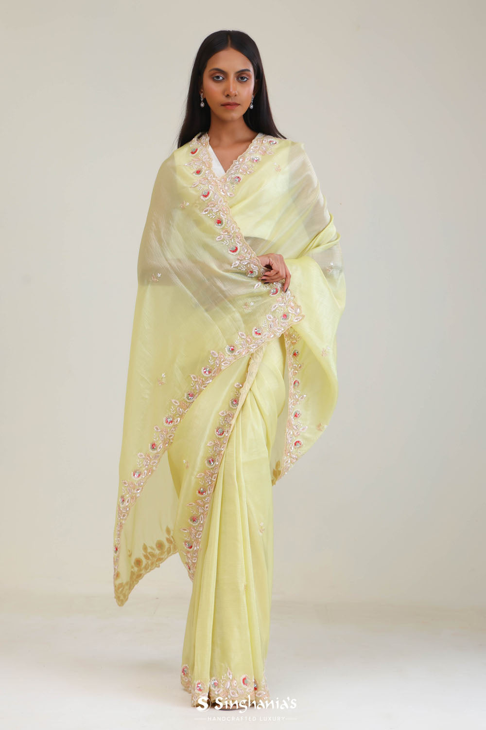 Lemon Yellow Crafted Tissue Saree